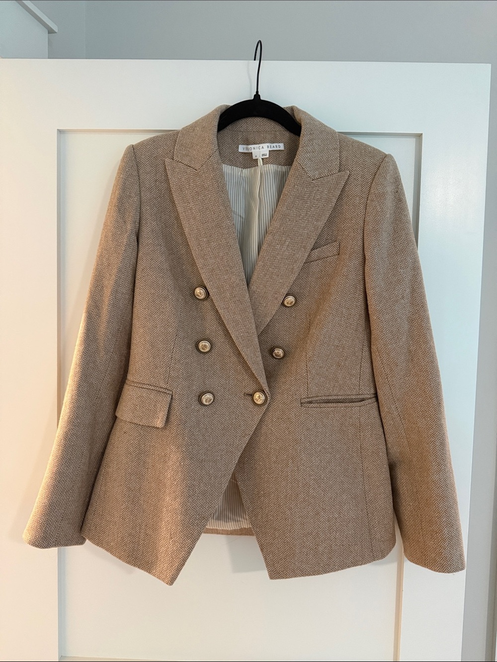Veronica Beard Herringbone Double-Breasted Camel Blazer